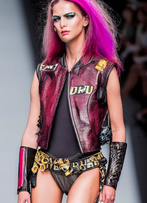 Image similar to hyperrealistic and heavy detailed versace runway show of judge dredd, leica sl 2 5 0 mm, vivid color, high quality, high textured, real life