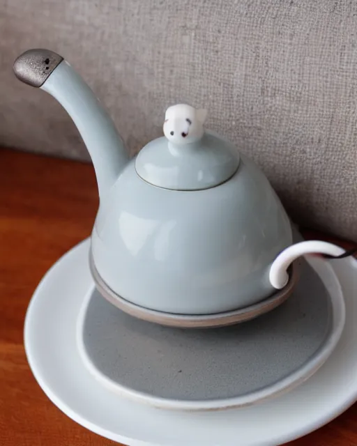 Image similar to a white tea kettle with a little porcelain gray mouse on it's spout