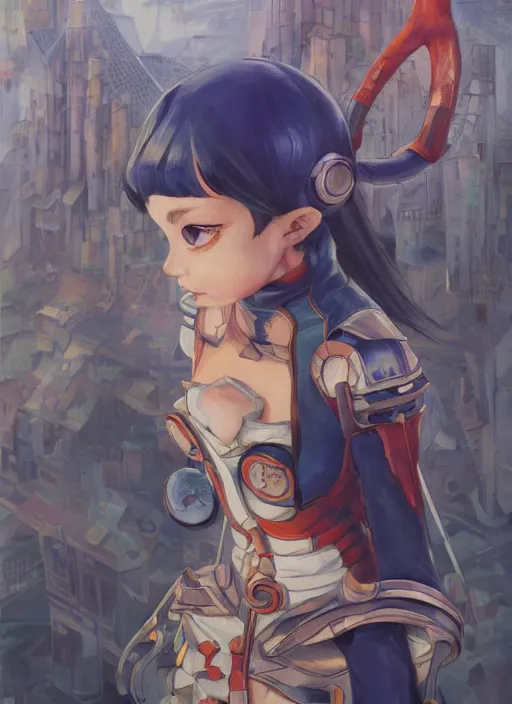 Image similar to a gouache painting in the style of breath of fire iv, a detailed 3 d render of audrey hepburn as a yorha android, by hikari shimoda, ilya kuvshinov, yoshitaka amano, by shaun tan, by good smile company, portrait, cgsociety, artstation, a modular costume and headpiece, action adventure scene