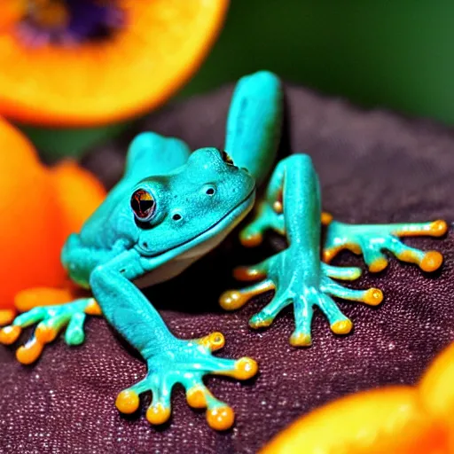 Prompt: photo { teal frog } with { orange!! eyes }