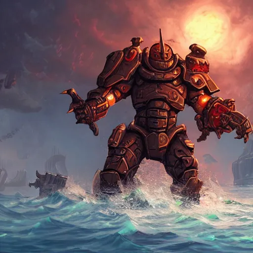 Image similar to Doomslayer fighting ocean demons, artstation, high detail