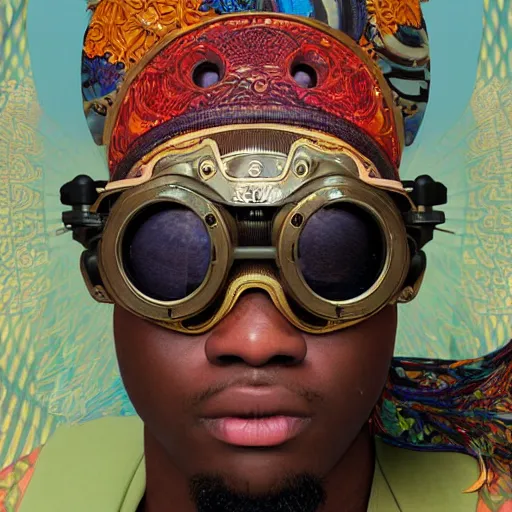 Prompt: colourful vfx upper half - portrait - art of a nigerian boywearing steam punk goggles, art by utagawa kunisada, james jean & alphonse mucha, symmetrical, intricate detail, concept art, volumetric light, ray tracing, caricature, digital illustration, octane 3 d render, unreal engine, sharp, pinterest, behance, art station,