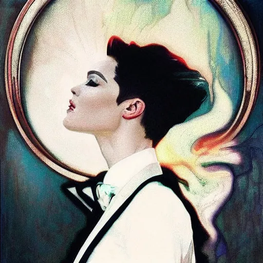 Prompt: stunning portrait of androgynous ruby rose as desire from sandman in a white tuxedo!!!, rockabilly style,, by alphonse mucha, by jeremy mann, by peter lindbergh, dave mckean, by maurice sapiro, by frank moth, white suit and black tie, soft lightning, high detailed, 8 k