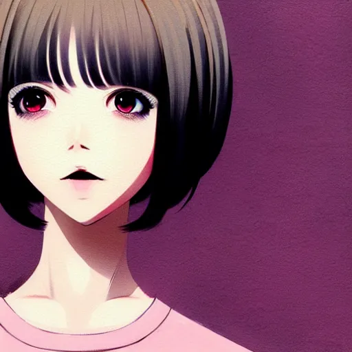 Image similar to urban girl fanart, brunette bob haircut, muted colors, matte print, pastel colors, ornate, digital art, cute smile, digital painting, fan art, elegant, pixiv, by Ilya Kuvshinov, by Studio Ghibli