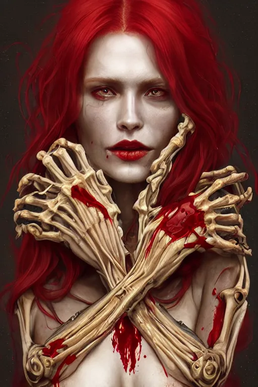 Image similar to woman skeleton covered with blood, long red hair, golden necklace, ultra realistic, concept art, intricate details, highly detailed, photorealistic, octane render, 8 k, unreal engine. art by artgerm and greg rutkowski and alphonse mucha