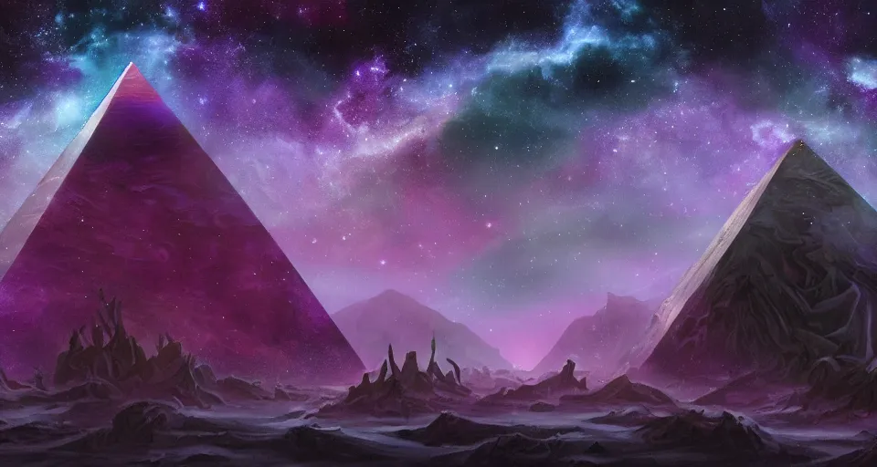 Prompt: black lovecraftian eldritch!! obsidian pyramid!! with a man standing on top of it on calm seas, cosmic purple space!, bright stars, nebula, sky background by eugene von guerard, ivan shishkin, night, cosmic brightly purple space stars, concept art, trending on artstation, 8 k