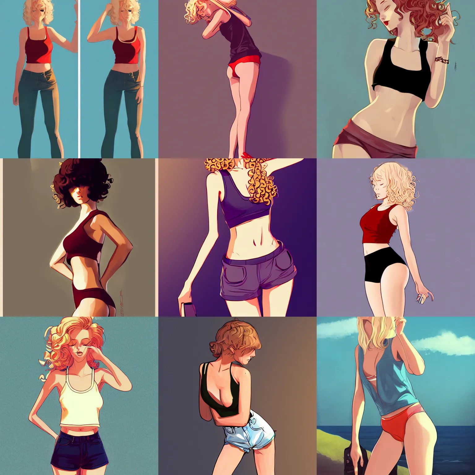 Prompt: sexy girl wearing a low cut tanktop and shorts, bending over, hand on hips, curly blonde hair, concept art, in the style of ilya kuvshinov