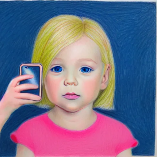 Image similar to 3 year old blonde girl with iphone, colored pencil on white background by eloise wilkin