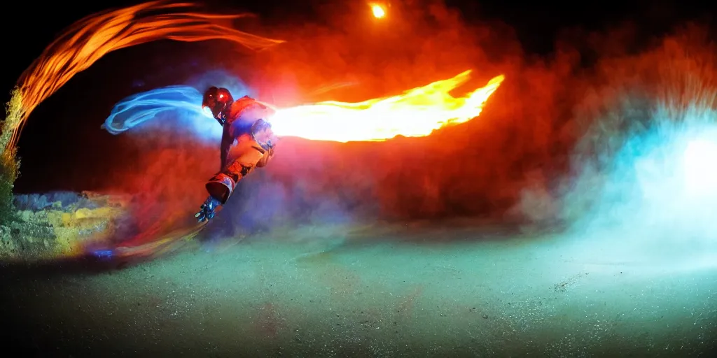 Image similar to fisheye slow motion with trail fire effect of futuristic break dancer wearing long dark cloak and golden helmet emitting red and blue fire, long exposure shot , enigmatic, at night underwater in the middle of the arctic with red light A letter, paddle of water, steam, fog, water splashes, rim lights, glossy reflections, raining, water droplets on lens, octane render, Volumetric dynamic lighting, stunning cover magazine, high details, hajime sorayama