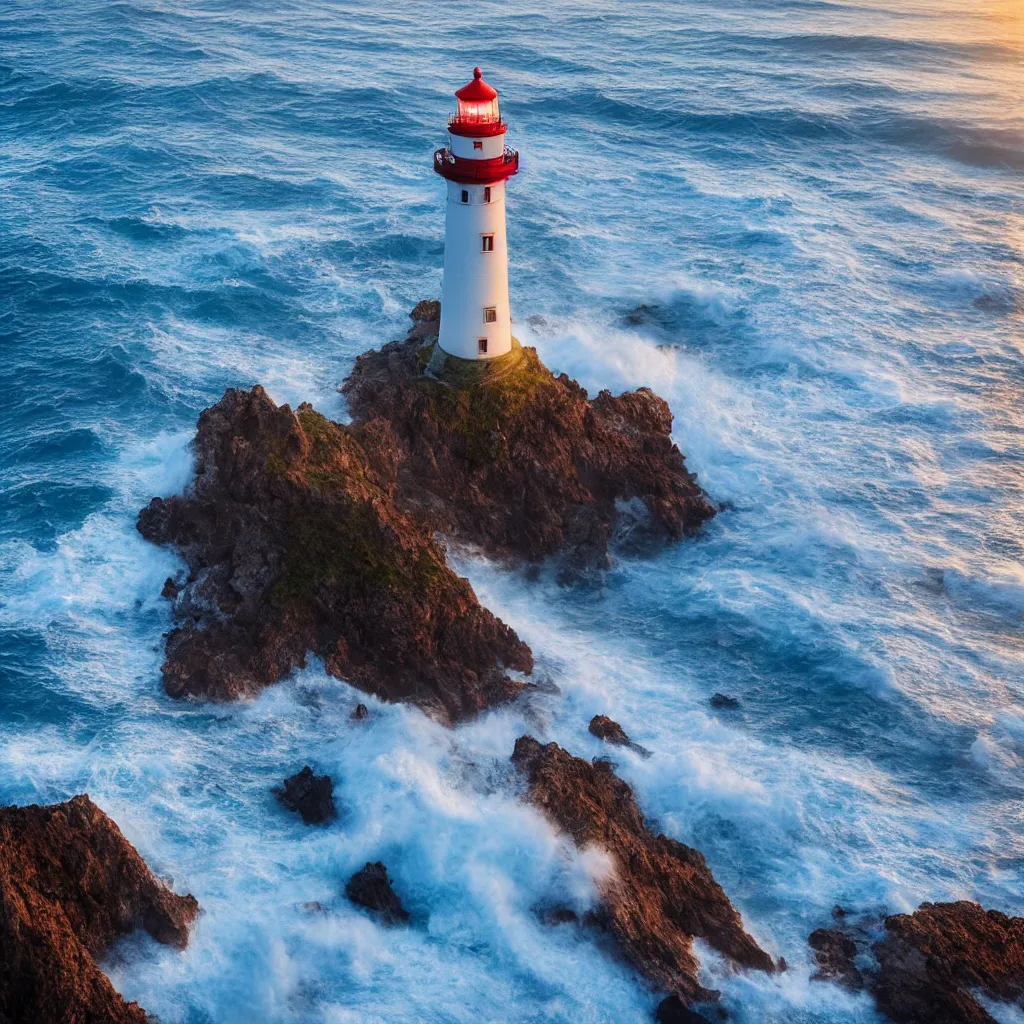 Prompt: a beautiful lighthouse on a cliff, rough sea, ultra realistic sunset, 8k