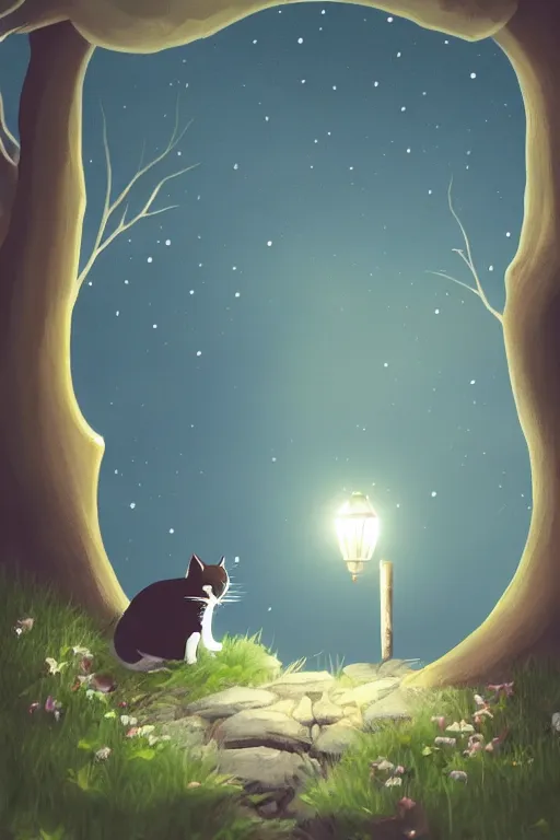 Prompt: a cute cat looks across at night, lantern light illuminates besides, photorealistic, dreamy moonlit nightscape by the garden, lake house, smooth, matte colors, trending on artstation, 4 k, 8 k