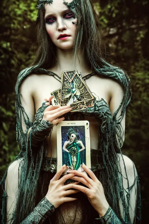 Image similar to Cinestill 50d, 8K, highly detailed, major arcana H.R Giger art nouveau nightmare Agnieszka Lorek tarot star card style 3/4 closeup portrait, eye contact, focus on model, tilt shift background: famous major arcana tarot remake, transformation scene