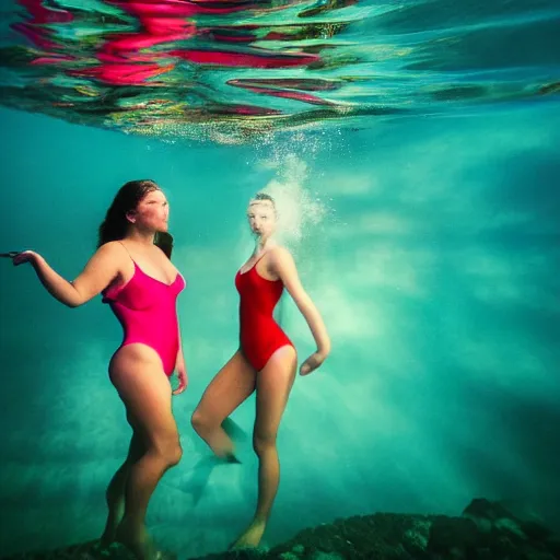 Prompt: dreamlike film photography of a three beautiful women in black one piece swimsuits picnicking at night underwater in front of colourful underwater clouds by Kim Keever. In the foreground floats a seasnake. low shutter speed, 35mm