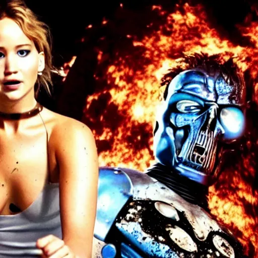 Prompt: amazing promo of Jennifer Lawrence as the T-9000 in a 2029 remake of Terminator