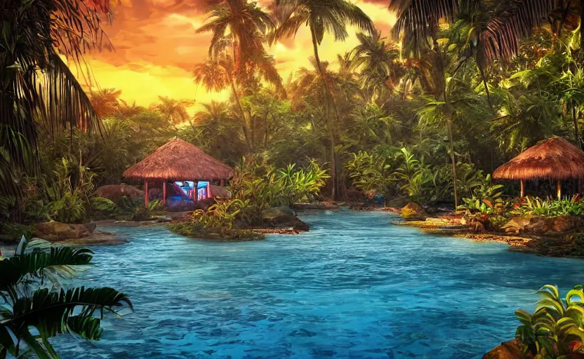 Image similar to a tropical resort in a jungle paradise, with a beautiful red and blue sunset, dynamic lighting, photorealistic fantasy concept art, trending on art station, stunning visuals, creative, cinematic, ultra detailed, ray tracing, sun rays, native tribes, wonderous waters, amazing detail