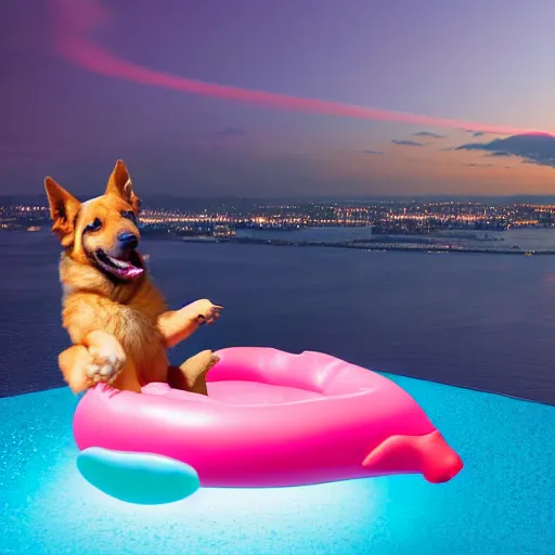 Prompt: A long shot photograph of a anthropomorphic GSD puppy with hands enjoying a cosmopolitan cocktail while floating on an flamingo float in a swimming pool on the rooftop of a luxury penthouse at night, muted water reflections, low energy background with neon city lights, award winning photography, cinematic, 8K HQ