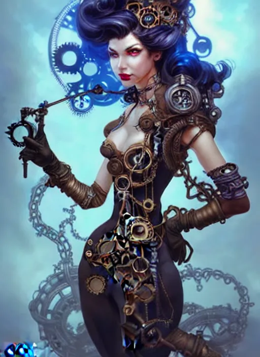 Image similar to front portrait hiding hands pose of attractive Lady Mechanika with wavy hair using white gloves, hands behind her!, Intricate steampunk imagery , D&D!, fantasy style, sharp focus!, ultra detailed, art by Artgerm and Peter Andrew Jones, WLUP