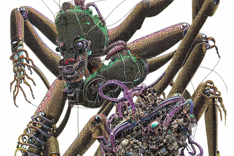 Image similar to risograph grainy drawing vintage sci - fi, satoshi kon color palette, gigantic fat mantis full - body covered with robot parts and wires, with lot tentacles, insects and dragonflies around, painting by moebius and satoshi kon and dirk dzimirsky close - up portrait