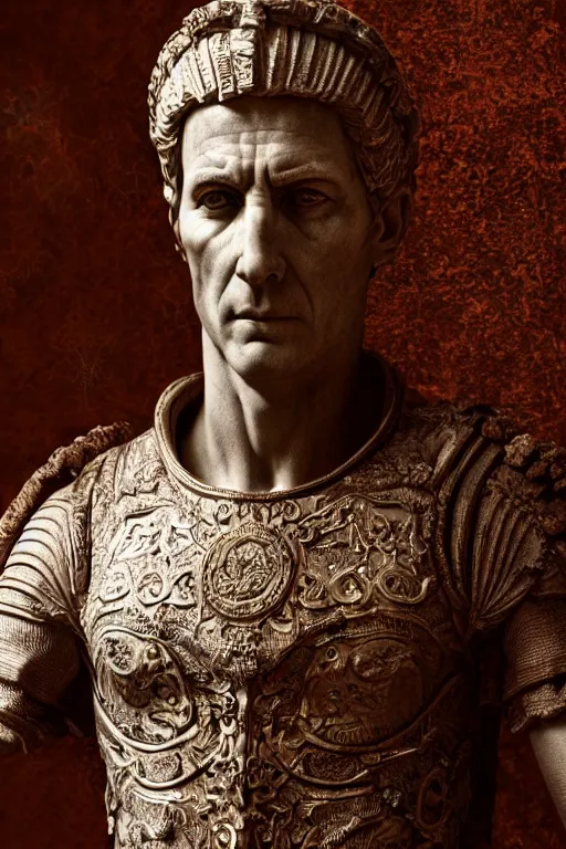 Image similar to a portrait of julius caesar, ancient roman setting, dynamic pose, close - up, intricate details, intricately detailed clothing, intricate textures, warm lighting, vivid colors, smoke and mist, realistic octane render, hyper realistic render, volumetric shading, depth of field, raytracing, 8 k,