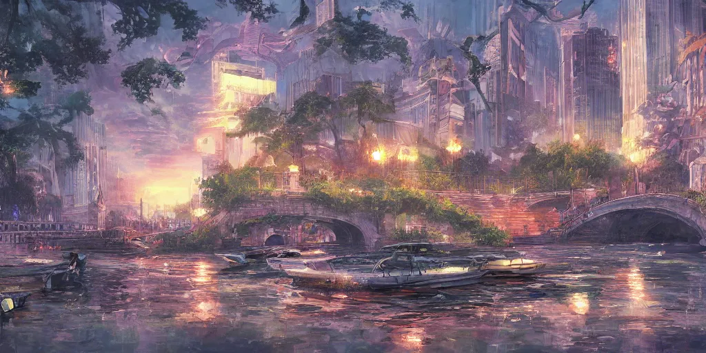 Image similar to magic city with with rivers and aqueducts as streets. various boats. mtg. magic the gathering by yeong hao han