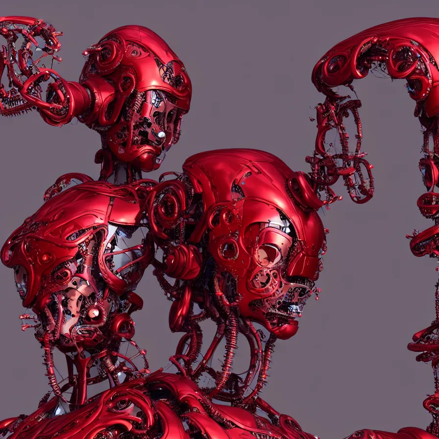 Image similar to statue david, red biomechanical, inflateble shapes, wearing epic bionic cyborg implants, masterpiece, intricate, biopunk futuristic wardrobe, vogue, highly detailed, artstation, concept art, background galaxy, cyberpunk, octane render