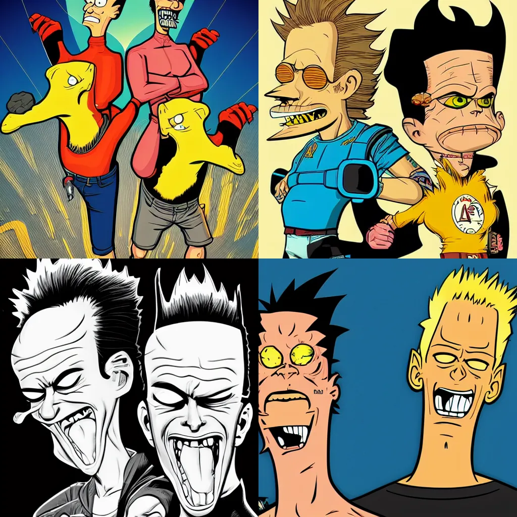 Prompt: Beavis and Butthead in the graphic style of Patrick Gleason, detailed art, trending on Artstation, sharp focus, comic art