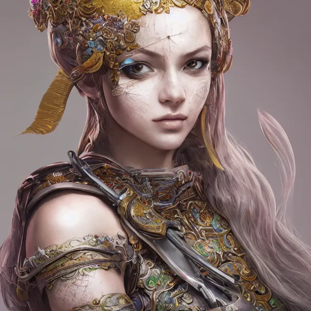 Image similar to studio portrait of neutral good colorful female cleric bard healer as absurdly beautiful, elegant, young sensual pretty woman, ultrafine hyperrealistic detailed face illustration by kim jung gi, irakli nadar, intricate linework, sharp focus, bright colors, matte, octopath traveler, final fantasy, unreal engine highly rendered, global illumination, radiant light, intricate environment