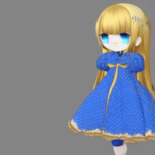 Image similar to cute fumo plush of a girl in a blue and gold patterned dress, stylized material bssrdf, cel shading, vray, anime girl