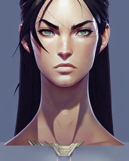 Image similar to azctec warrior, megan fox, gemstone forehead, detailed perfect face, exquisite details, fire magic, mid view, design on a white background, by studio muti, greg rutkowski makoto shinkai takashi takeuchi studio ghibli