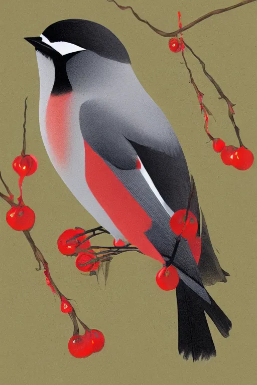 Prompt: ethereal Bohemian Waxwing bird, Bombycilla garrulus , illustration