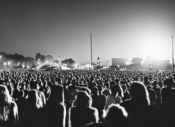 Prompt: a 2 8 mm macro photo from the back of a crowd at a rock concert festival in silhouette in the 1 9 6 0 s, bokeh, canon 5 0 mm, cinematic lighting, dramatic, film, photography, golden hour, depth of field, award - winning, 3 5 mm film grain