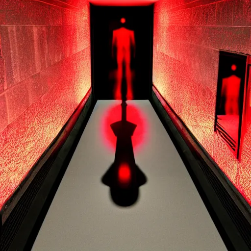 Image similar to photograph of an extremely dark narrow hallway with glowing humanoid cryptid made out of television static, dark deep black shadows, red and black color contrast in the style of trevor henderson, liminal space, 3 d octane render, glitch effect
