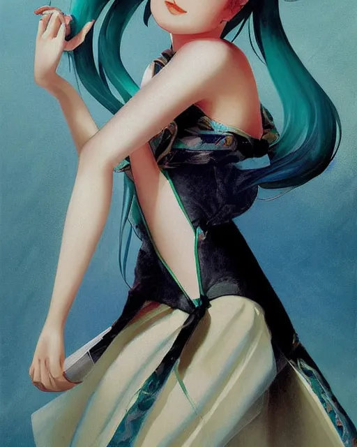 Prompt: A very very beautiful painting of Hatsune Miku by Gil Elvgren