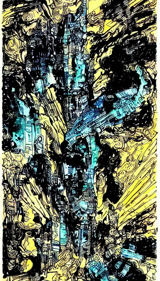 Image similar to religious hard science fiction comic by, bill sienkiewicz, teal and gold colour palette, line drawing, ink pour