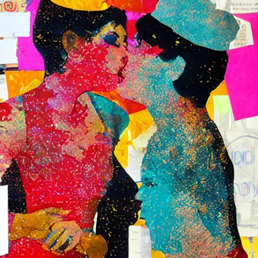 Image similar to two women kissing at a carnival, mixed media collage, retro, paper collage, magazine collage, acrylic paint splatters, double exposure,