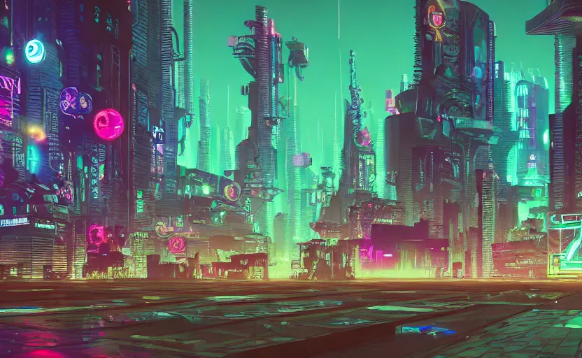 Image similar to Wide angle shot of a cyberpunk city with neon lights and holographic fishes floating in the sky by Petros Afshar and Beeple, James Gilleard, Mark Ryden, Wolfgang Lettl highly detailed