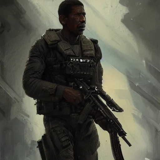 Prompt: portrait of a man by greg rutkowski, denzel washington as a colonial marine from aliens franchise, he is about 5 0 years old, military composure, wearing the tactical gear of the colonial marines, highly detailed portrait, digital painting, artstation, concept art, smooth, sharp foccus ilustration, artstation hq