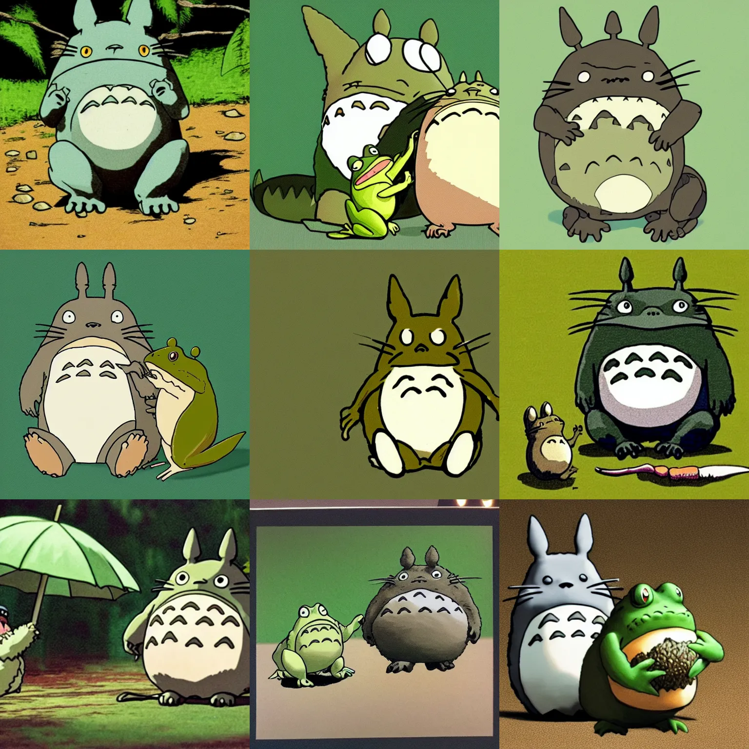 Prompt: totoro fighting a frog