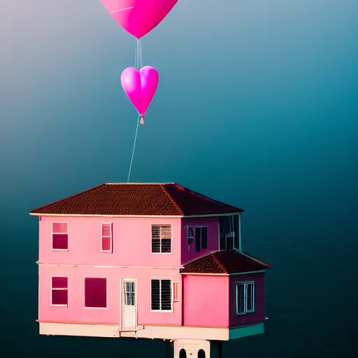 Image similar to a 5 0 mm lens photograph of a cute pink floating modern house, floating in the air between clouds, inspired by the movie up, held up from above by a heart - shaped ballon. mist, playful composition canon, nikon, award winning, photo of the year