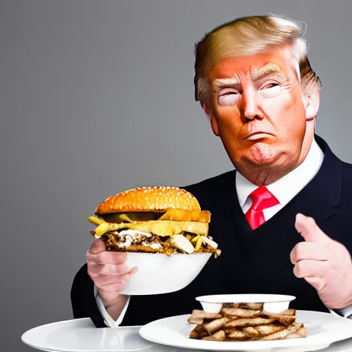 Prompt: donald trump eating an entire bowl filled with burgers, studio portrait photo, studio lighting, key light, food photography