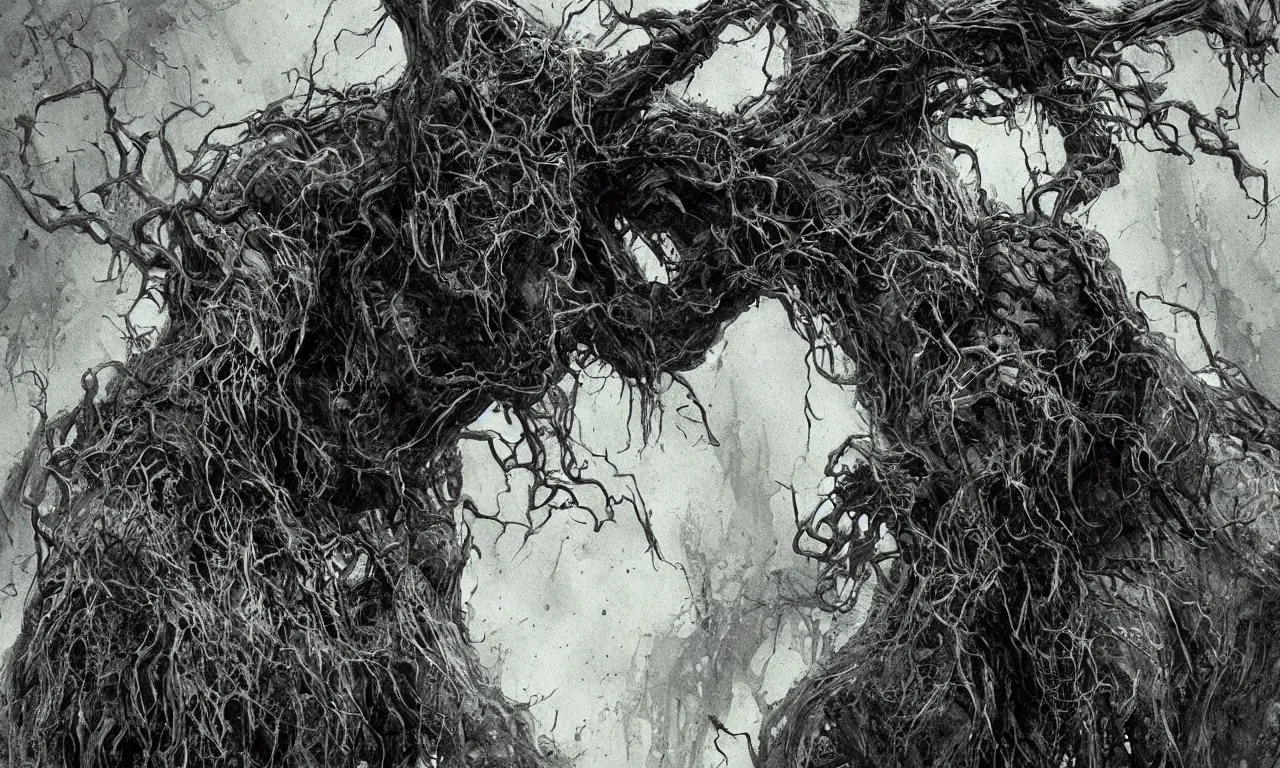 Image similar to swamp thing, upward angle, dramatic low lighting, by bill sienkiewicz, kyle hotz and stephen gammell, extremely hyperdetailed, photorealism, 4 k, 8 mm, octane