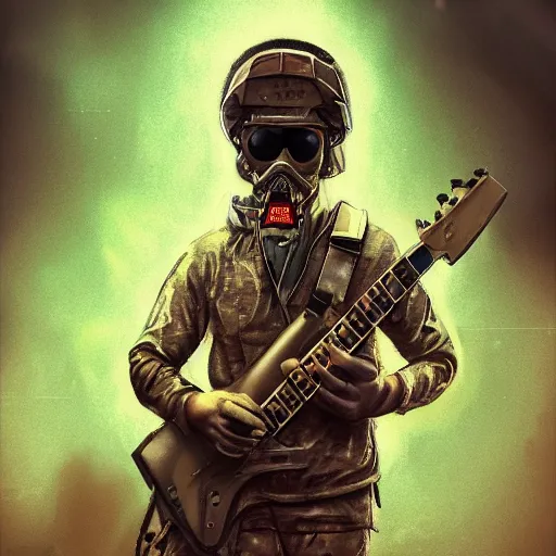 Image similar to stalker plays electric guitar, style of the game stalker, the background of the chernobyl nuclear power plant, smokes a cigar, 8 k, artstation