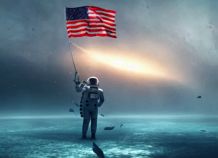 Image similar to astronaut holding a flag in an underwater desert. a submarine is visible in the distance. dark, concept art, cinematic, dramatic, atmospheric, 8 k, trending on artstation, blue, fish, low visibility, fog, ocean floor, christopher nolan, interstellar