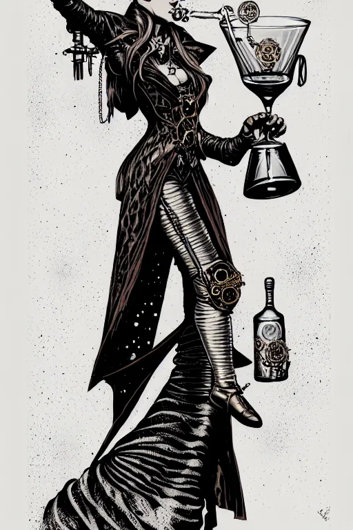 Image similar to side view of a majestic steampunk alchemist wise wizard holding a martini, high details, bold line art, by vincent di fate and joe fenton, inking, etching, screen print, masterpiece, trending on artstation, sharp, high contrast, hyper - detailed,, hd, 4 k, 8 k