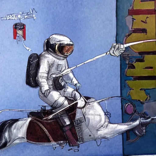 Image similar to concept art of a horse riding on the astronaut