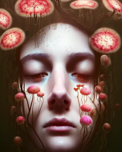 Image similar to a digital horror portrait of a beautiful sad woman with flowers and fungus growing out of her head and petals dripping from her eyes, intricate, sharp focus, digital illustration, highly detailed, octane render, digital painting, matte, art by professional artist