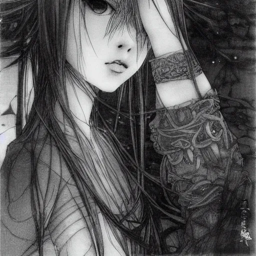 Image similar to a portrait of a character in a scenic environment by Yoshitaka Amano, black and white, dreamy, dark eyes