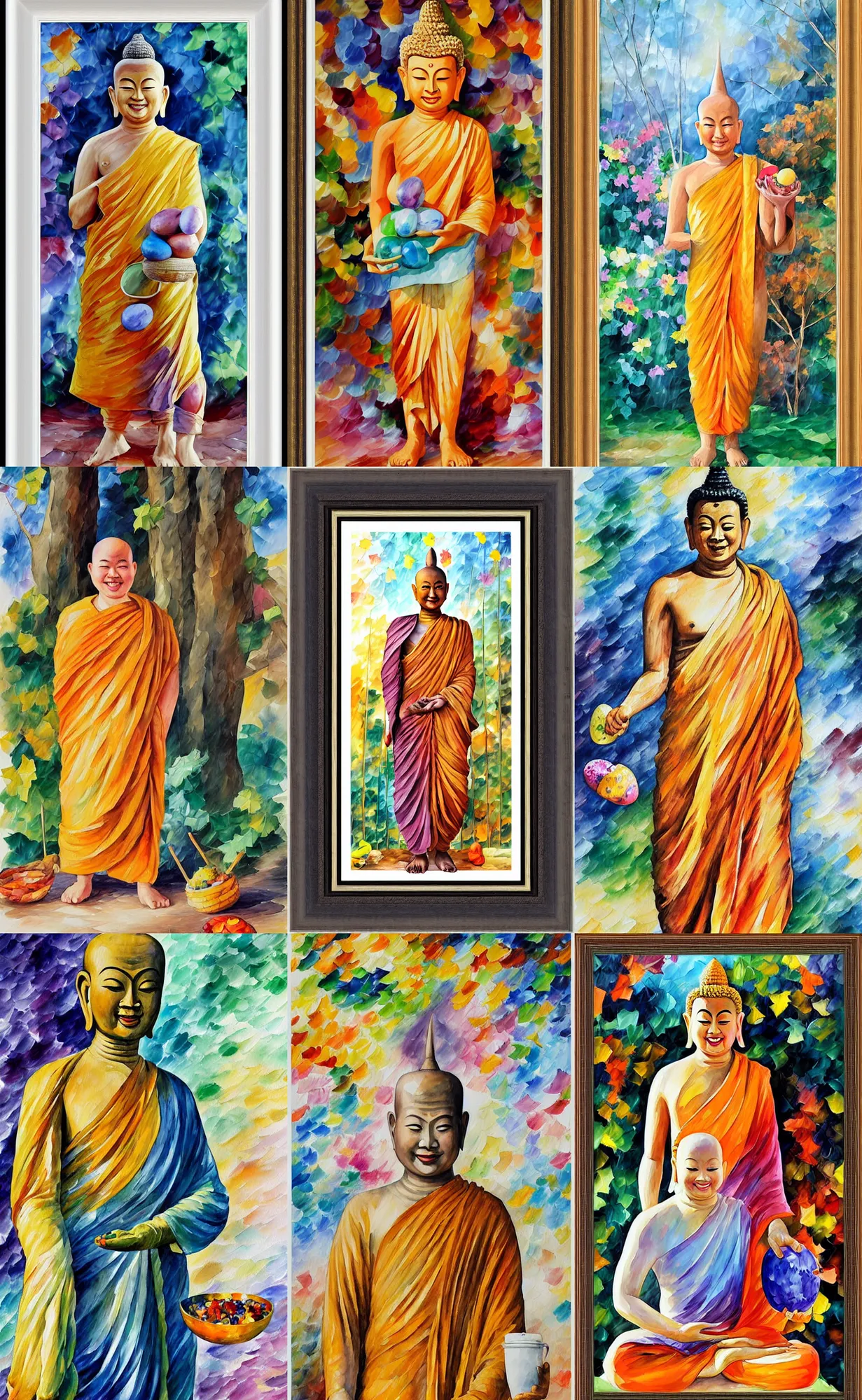 Prompt: watercolour painting of a standing smiling thai budha, long tunic, barefoot, holding in the hands easter eggs, by wes anderson by leonid afremov by ivan bilibin, muted colors, fully framed subject