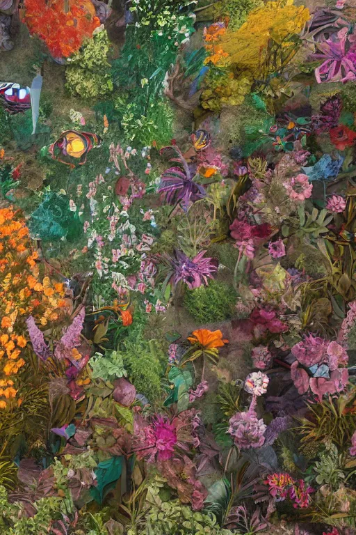 Image similar to super detailed color art, a lot of small garden flowers, A multiverse of insects and spiders, unreal engine, wes anderson color palette, 3d render, colorful, digital art