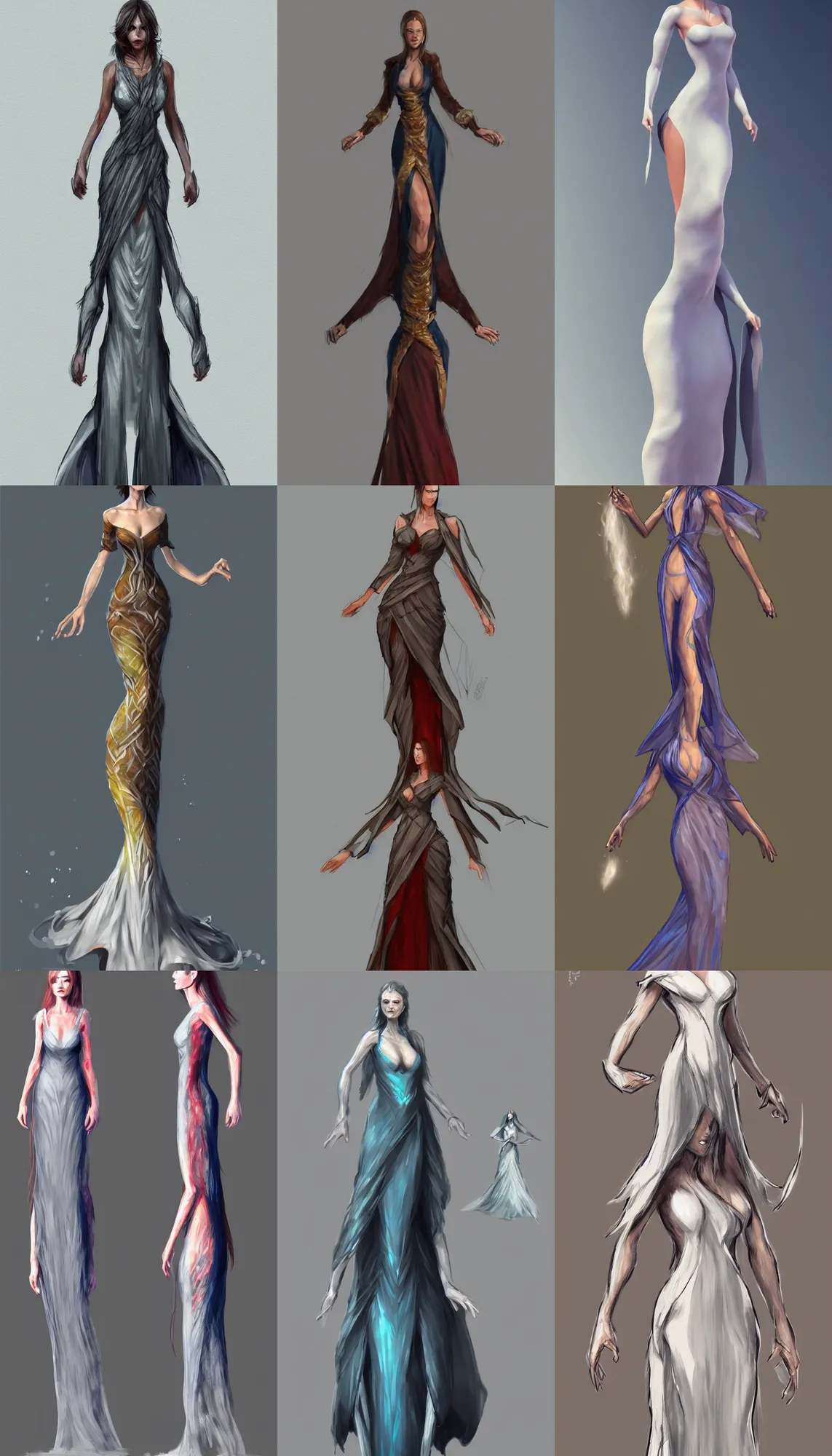 Prompt: woman wearing a long dress made of four elemenths wind water earth fire, concept art, trending on artstation